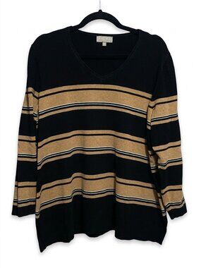 Laura Plus Black & Caramel Striped V-Neck Sweater - Size 2X